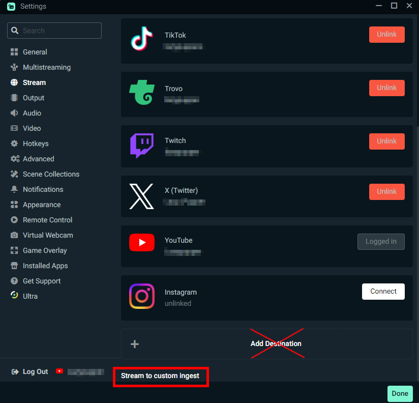 streamlabs desktop stream to custom ingest